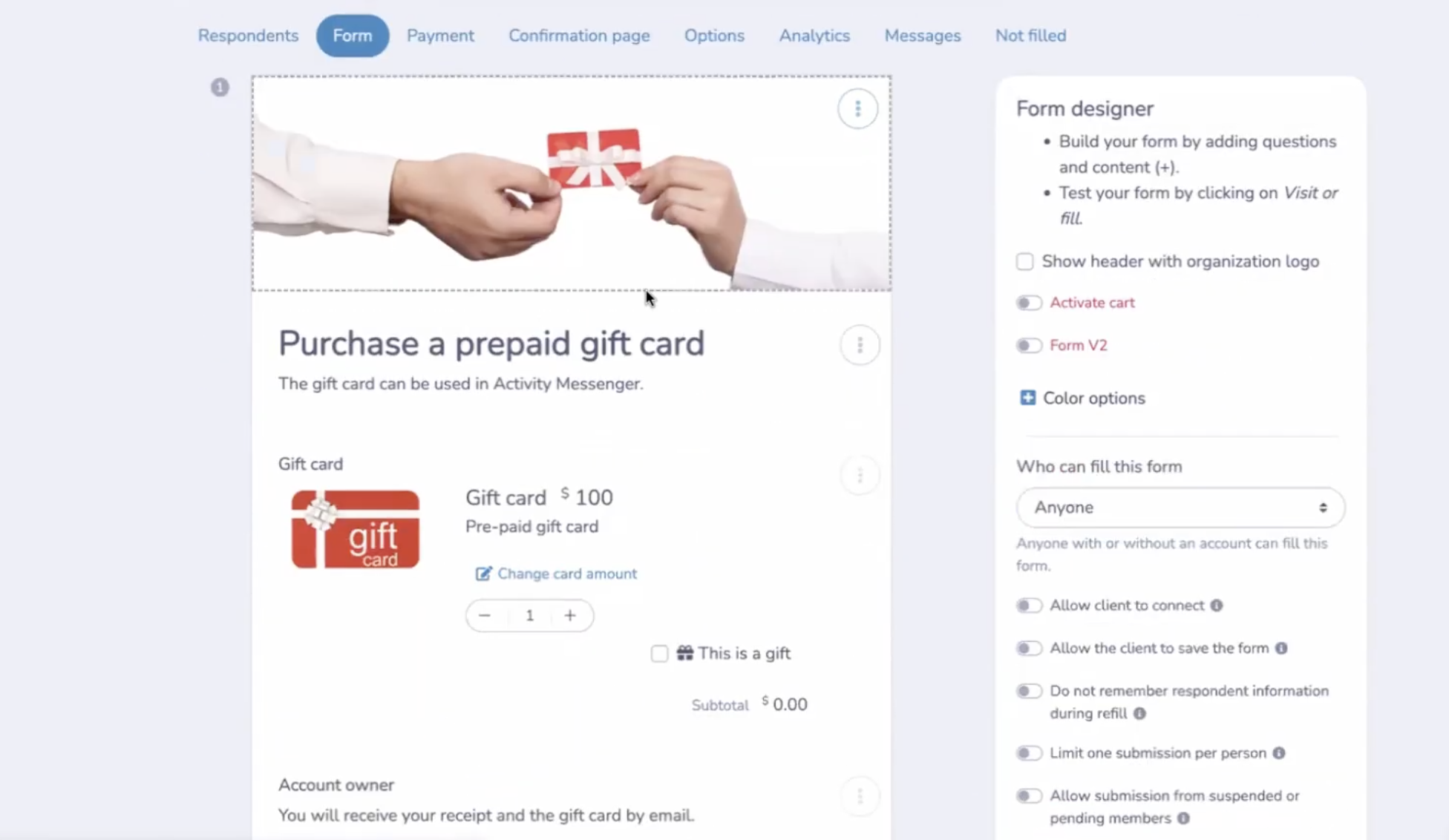 Gift card setup form in Activity Messenger showing image, recommended amount and simple fields